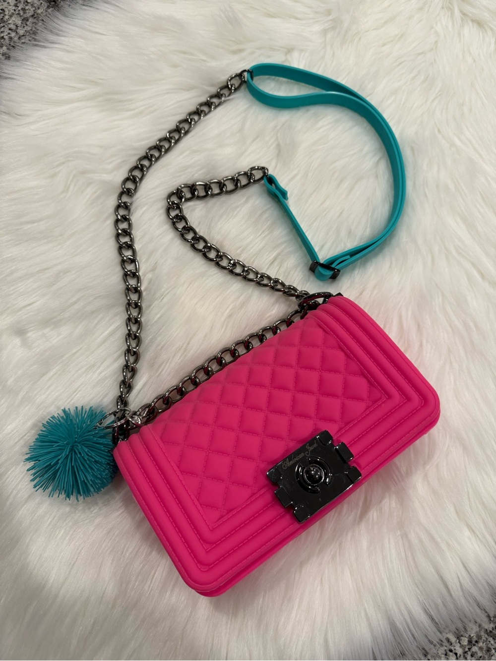 American Jewel Hot Pink Quilted Jelly Crossbody Bag with Chain & Pom Pom